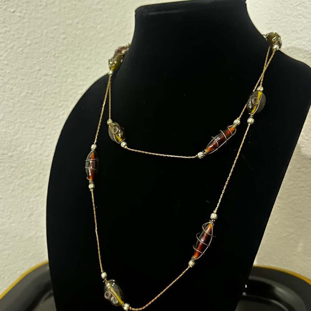 Long Beaded Necklace - Orange & Green Glass Beads with Gold Accents - Fairycore